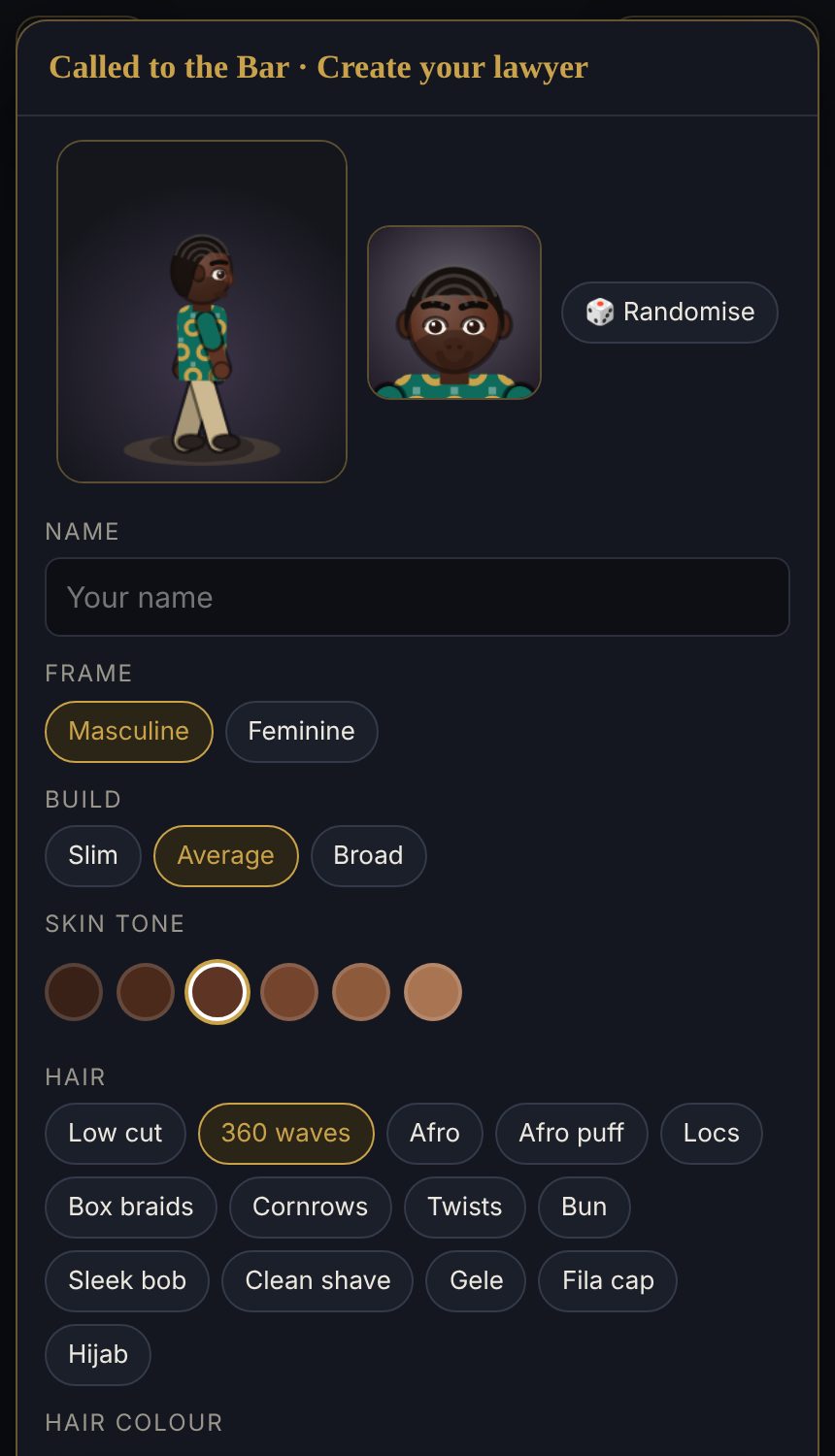 SILK character creator: name, frame, build, skin tone and hair
