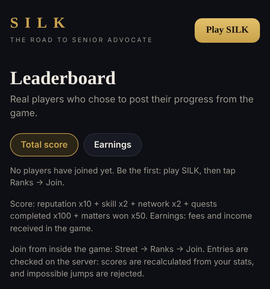 SILK public leaderboard: score formula and earnings tab